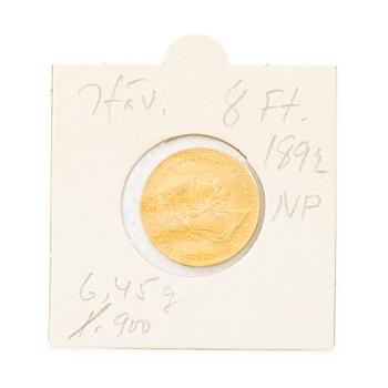 Gold coin, Austria, 8 Florins 20 Francs, 1892.