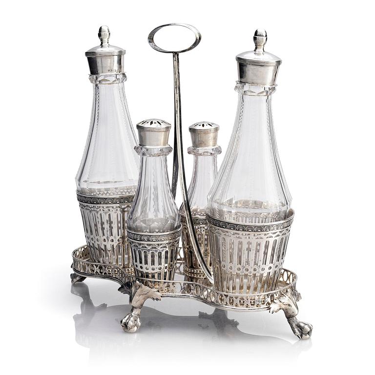 A Swedish 18/19th century silver and glass cruet-set, mark of Pehr Zethelius and Paul Wihlborg, Stockholm 1795 and 1814.