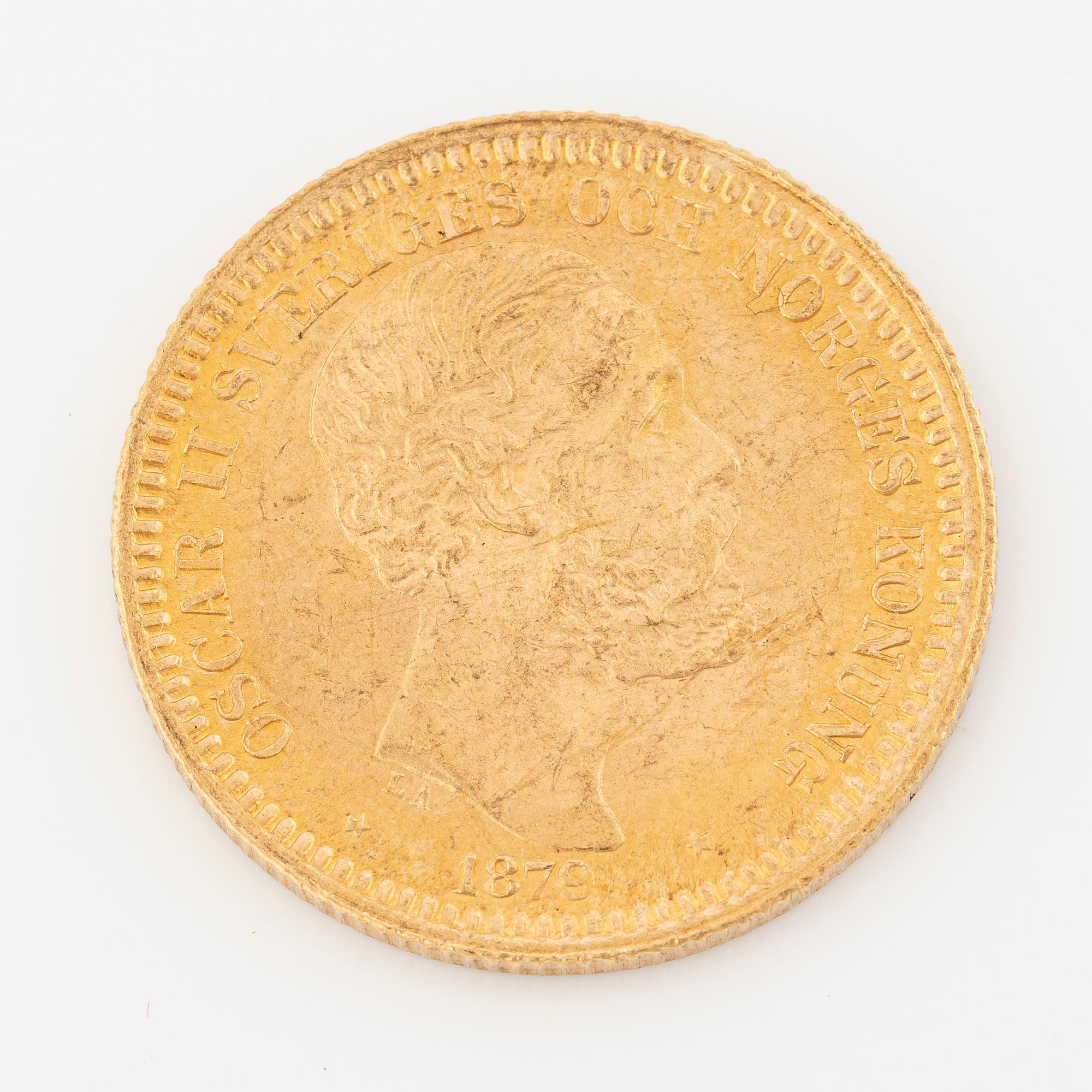 Gold coin, Oscar II, 20 kronor, type III, Sweden 1879.