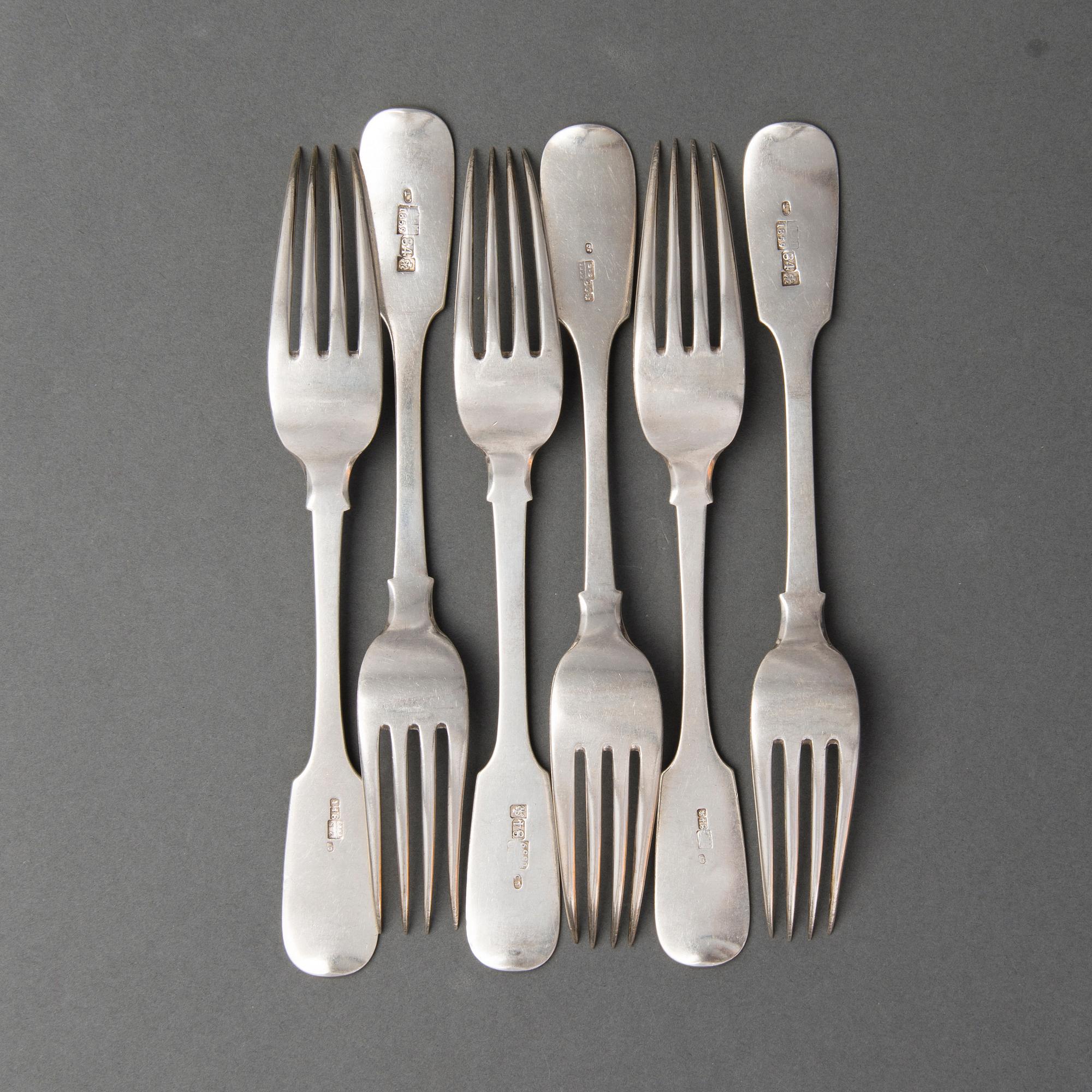 A set of six silver dinner forks, Saint Petersburg 1859-1860, C.J. Tegelsten's widow.