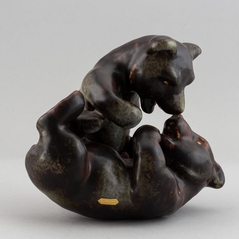 Karl Grössl, a mid 20th century glazed stoneware sculpture of bear cubs playing, Rörstrand, Sweden.