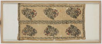 352. An antique framed embroidery (Bocha), silk and metal, Ottoman Empire, c. 63 x 33 cm (with the frame 94 x 39 cm.