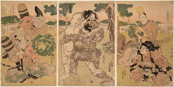 UTAGAWA KUNISADA, also known as Toyokuni III (1786-1865), triptyk, color woodblock print. Japan, 1850. 'Sumo'.