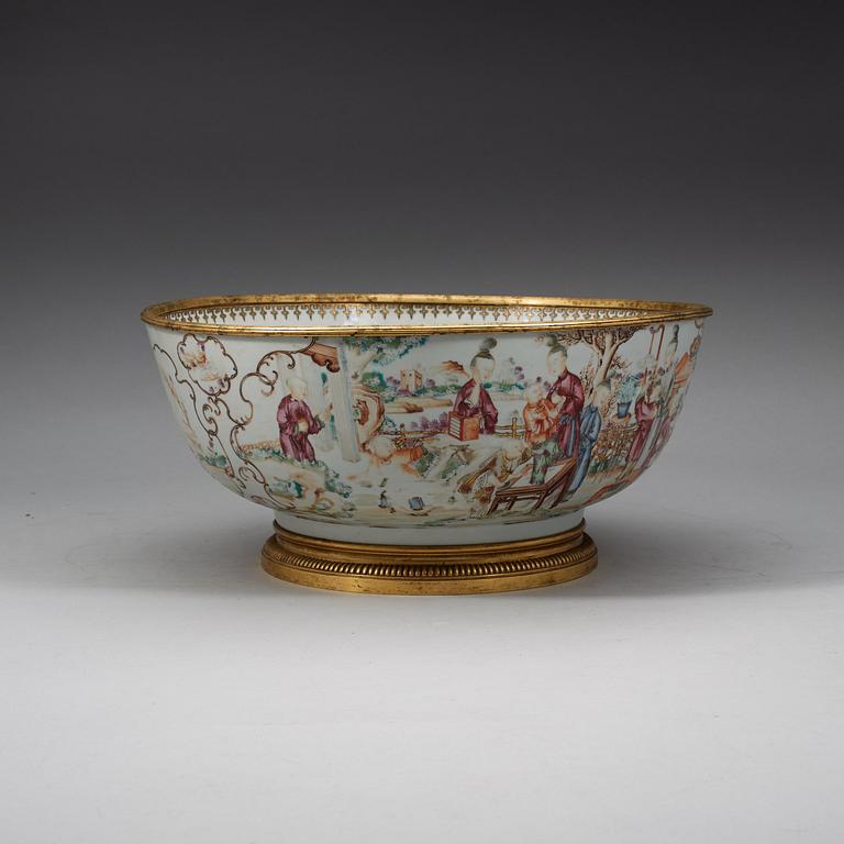 A famille rose bronze mounted punch bowl, Qing dynasty, Qianlong (1736-95).