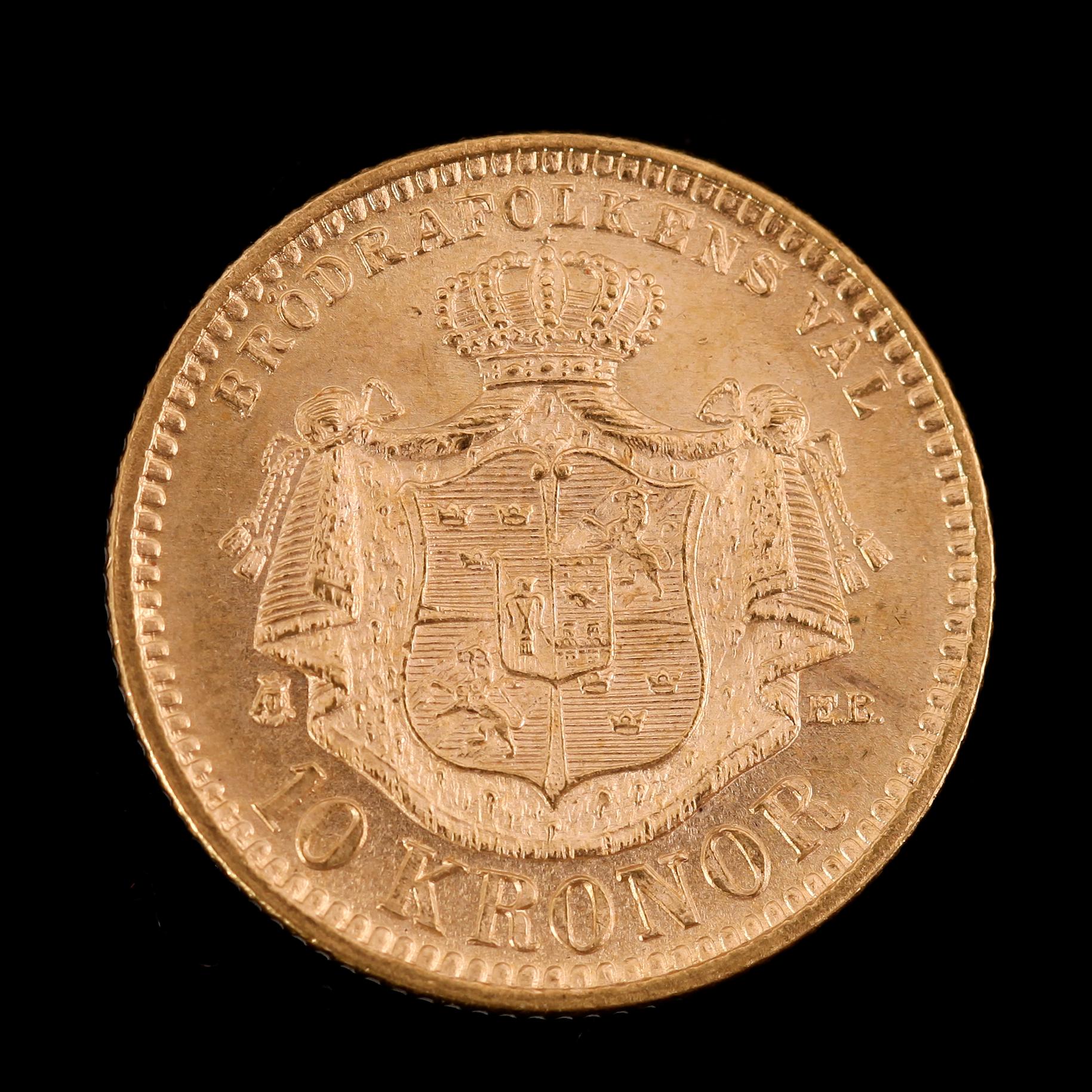 GULDMYNT, 10 kronor, Oscar II, 1894.  Vikt ca 5 gram.