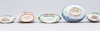 SNUSFLASKOR, 6 st. Porslin och glas, Kina 1800/1900-tal.