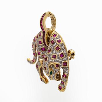 Hänge/brosch, panter, 18K guld, diamanter, rubiner och smaragder.