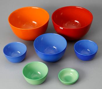 SKÅLAR, 7 st. Glas, "Colora", Sven Palmqvist, Orrefors.
