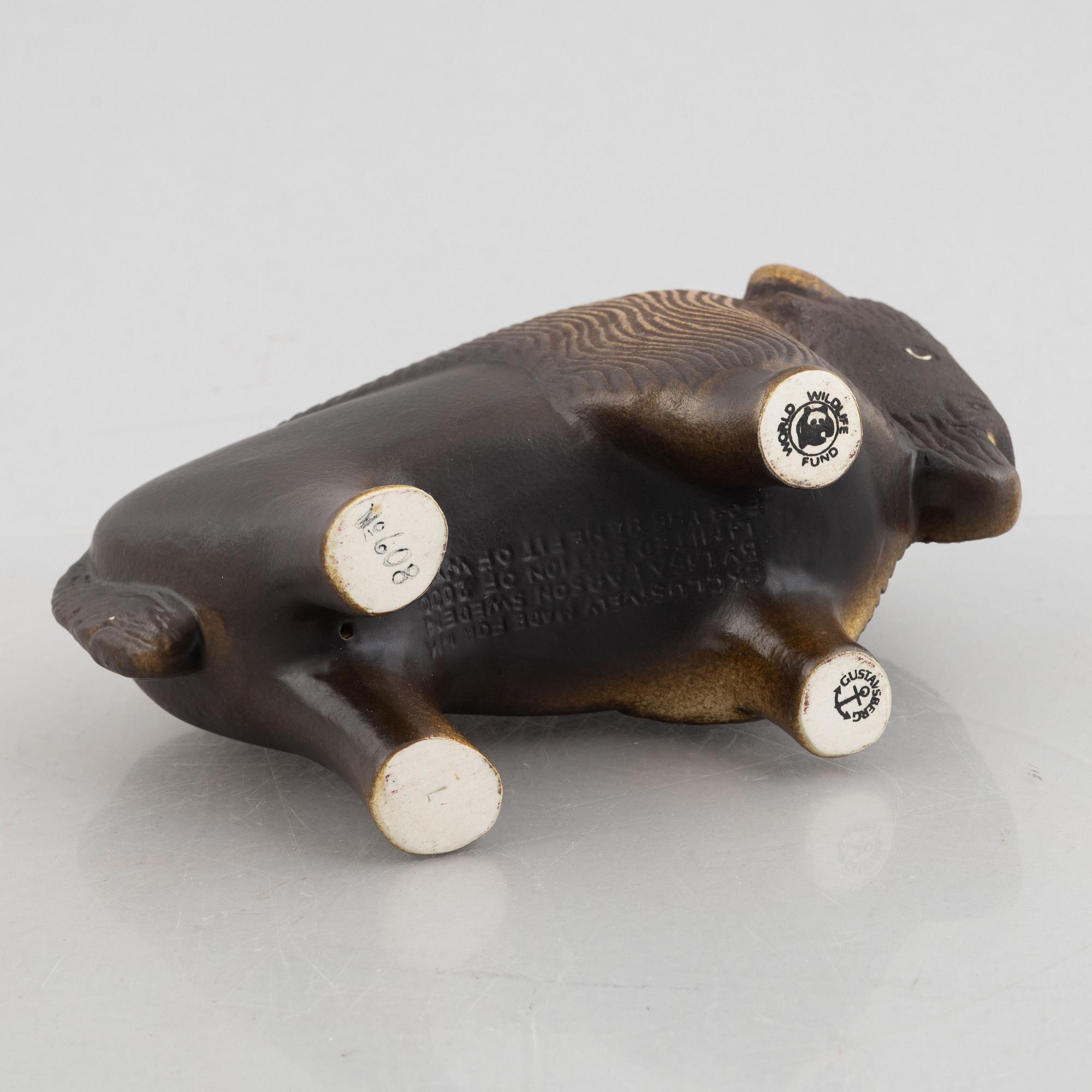 Lisa Larson, two stoneware figurines, 'Utter'(Otter) & 'Visent'(Wisent), WWF & Nordiska Kompaniet, Gustavsberg, 1975-87.