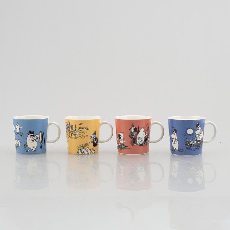 Four Moomin mugs, porcelain, Arabia, Finland.