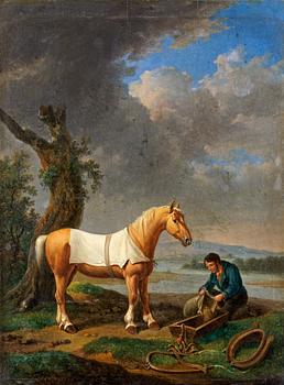387B. Alexander Johann Dallinger von Dalling Tillskriven, Flodlandskap med rastande häst och ryttare.