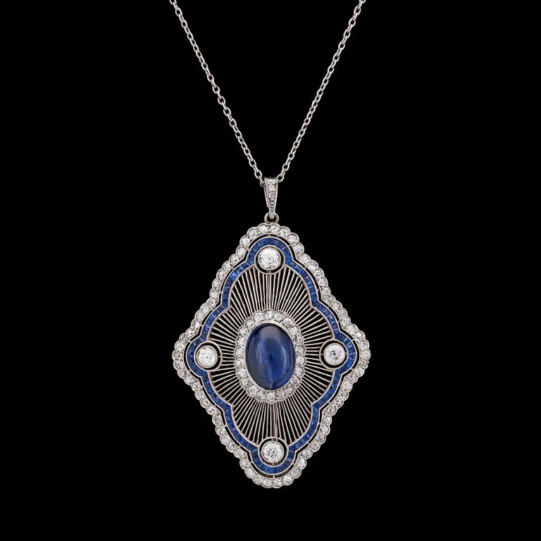 A blue sapphire and diamond pendant/brooch, tot. app. 1.80 cts, c. 1915.