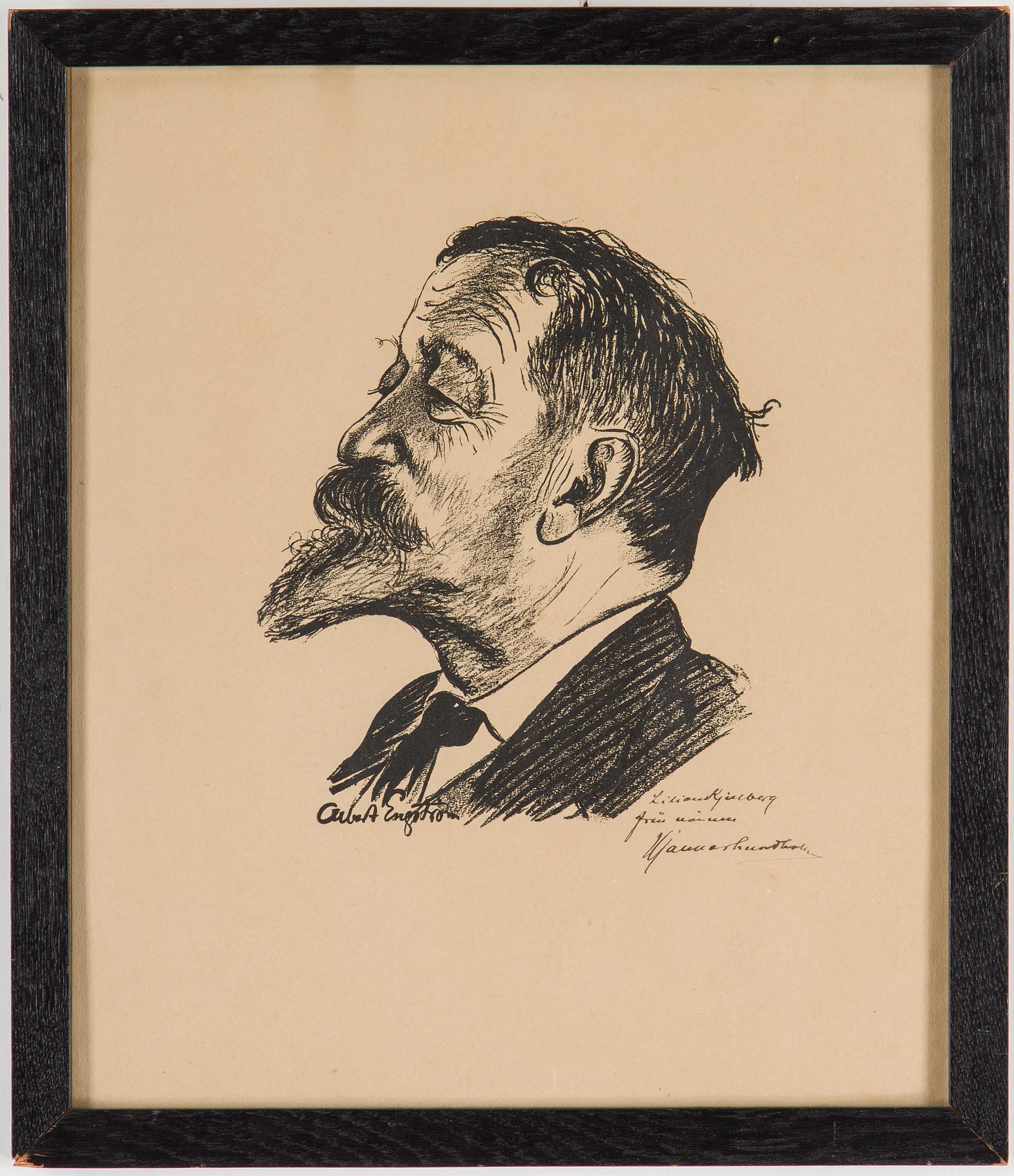 ALBERT ENGSTRÖM, litografi, signerad i trycket. Med handskriven dedikation från modellen Hjalmar Lundbohm.