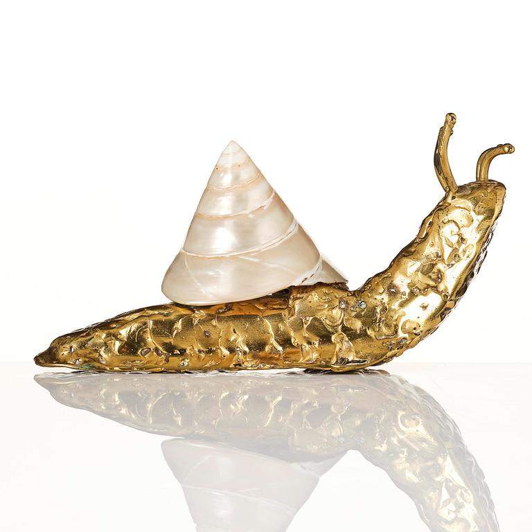 Jacques Duval-Brasseur, skulptur, snigel i brons med snäcka, Frankrike, 1970-tal.