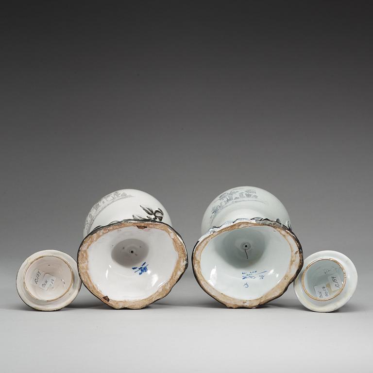 A pair of Swedish faience vases with covers, Marieberg, 18th Century.