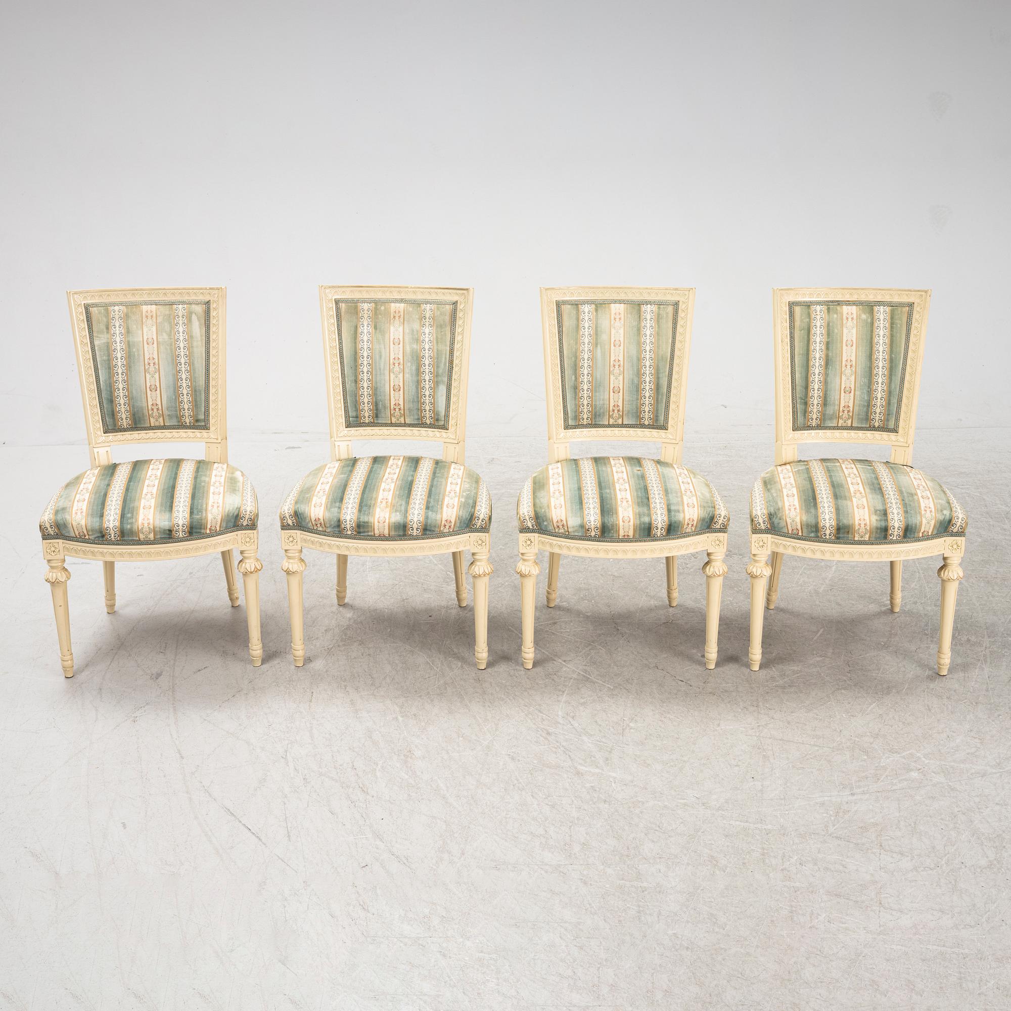 Stolar, 4 st, gustaviansk stil, Åmells Möbler, daterade 1974.