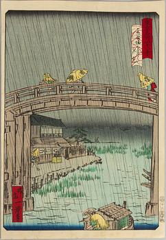 Shosai Ikkei, "Sudden Shower at Imado Bridge, Sanyabori".