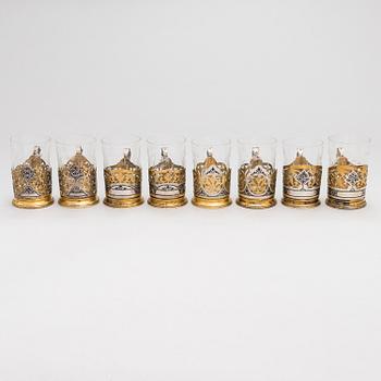 A set of eight Kubachi tea glass holders and five teaspoons, parcel-gilt silver, niello, Russia 1960s.