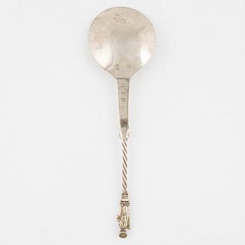 A probably Scandinavian 18th Century silver spoon, unidentified makers mark IK, unclear hallmark.