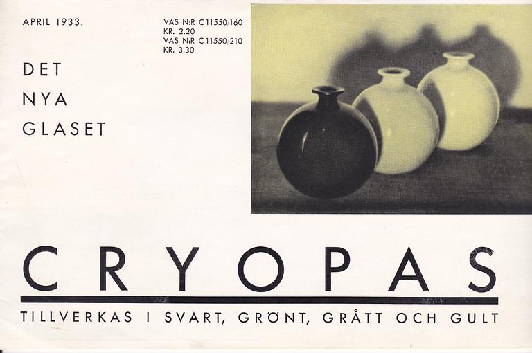 Harald Notini, vas, "Cryopas", modell C11550, Pukebergs Glasbruk, 1930-tal.