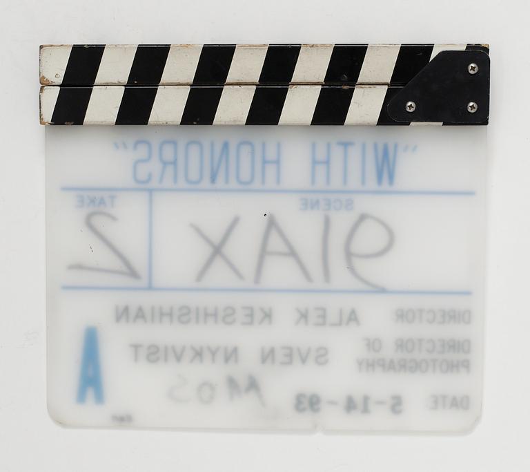 CLAPPER BOARD from the movie-making of the movie "With Honors", USA 1993. Director: Alek Keshishian.