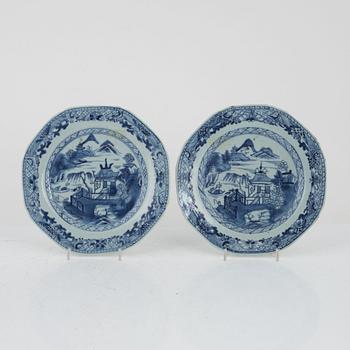 Two pairs of blue and white porcelain plates, China, Kangxi, 18th century, and Qian dynasty 18th/19th century.