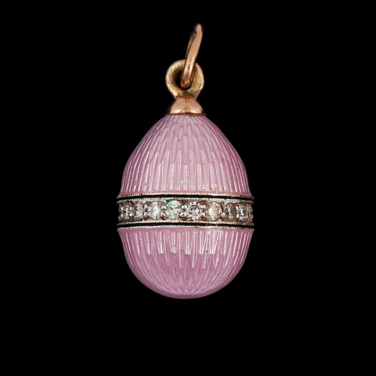A pink enamel pendant in the shape of an egg, surrounded by diamonds, circa 0.30 ct total carat weight.