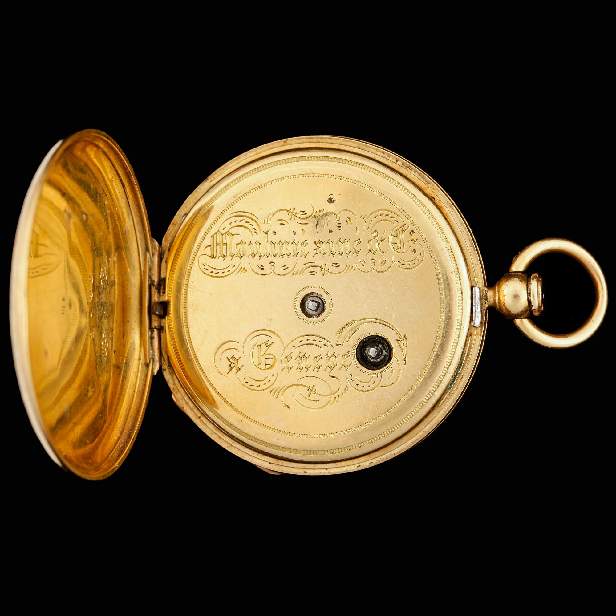 DAMFICKUR, guld 18k, Moulinié ainé, Geneve 1800-tal. Tot ca 34 gram.