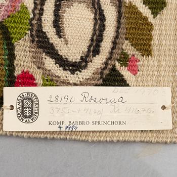 Barbro Sprinchorn, a textile, 'Rosorna (The Roses)', tapestry variant, signed S, c. 35 x 36 cm.