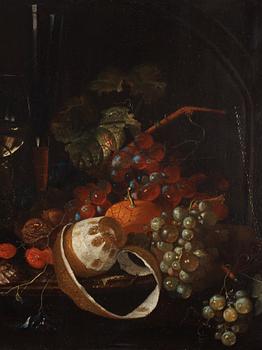 Willem Kalf In the manner of the artist, Still life with oysters, wine glass, clay pipe, fruits and insects.