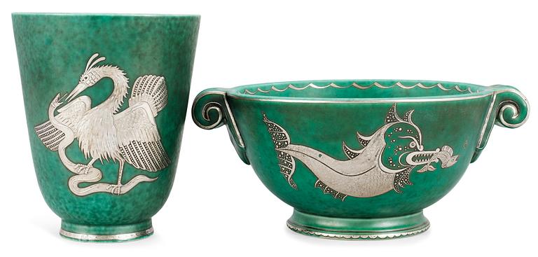 A Wilhelm Kåge 'Argenta' stoneware bowl and a vase, Gustavsberg.