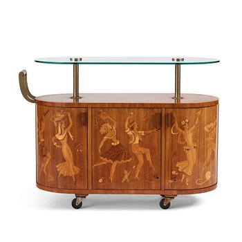 Birger Ekman, attributed to, a Swedish Modern bar-trolley by Mjölby Intarsia, 1930-1940's.