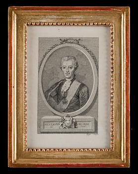 504. KOLORERAD GRAVYR, föreställande Gustav III. Ram i gustaviansk stil.