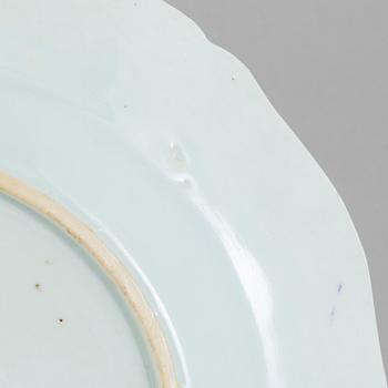 Three blue and white export porcelain plates, Qing dynasty, Qianlong (1736-95).