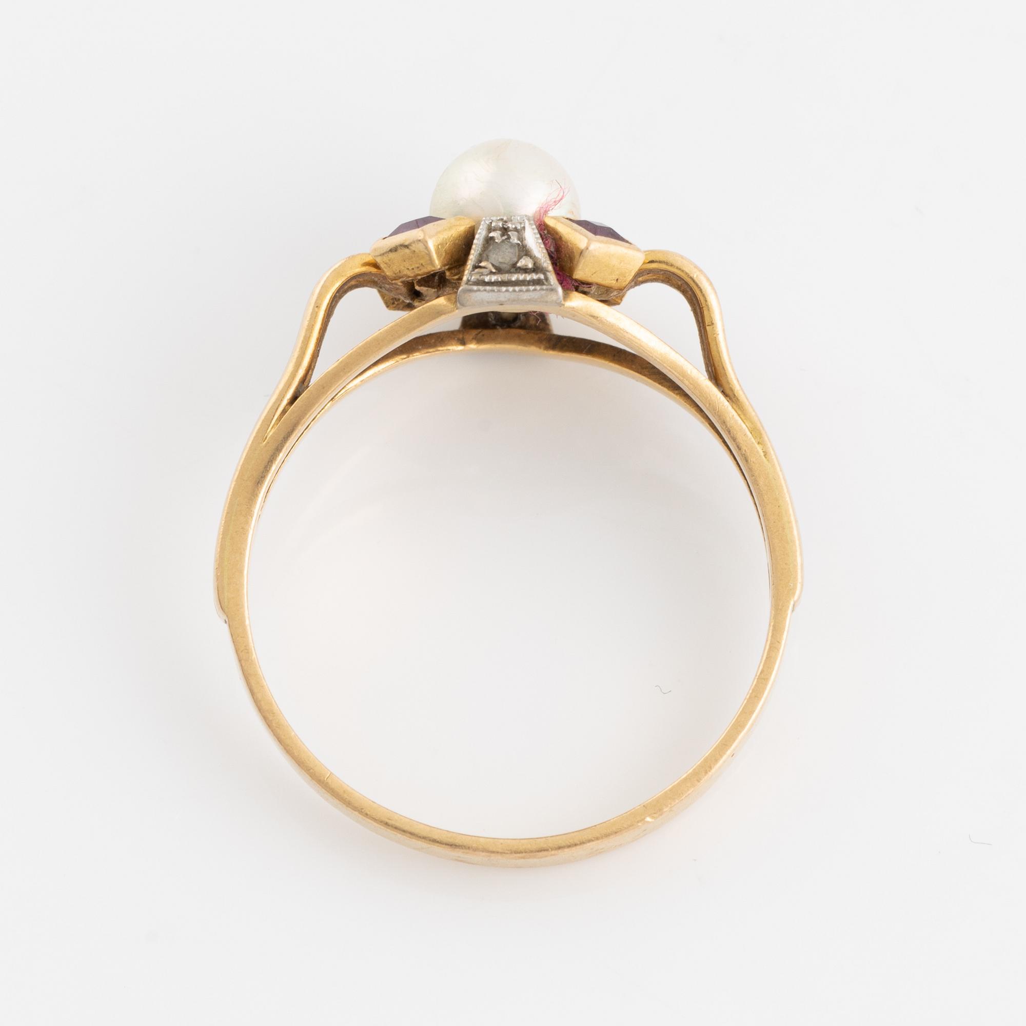 Gold, cultured pearl, rose cut diamond and ruby ring.