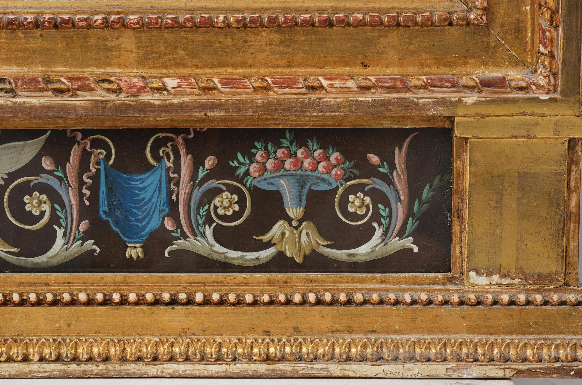 A late Gustavian giltwood and gouache-inset mirror, Stockholm, late 18th century.