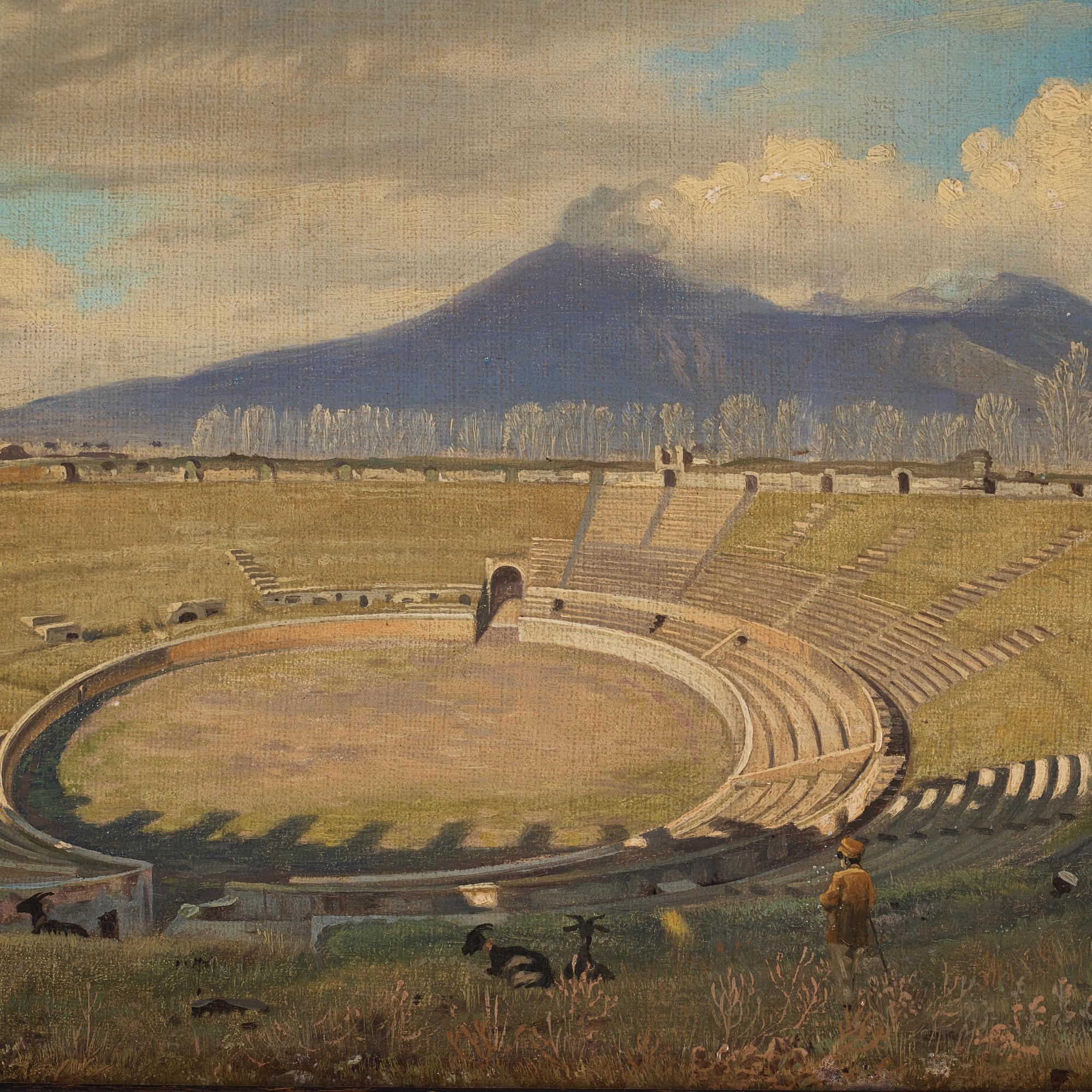 "Amphitheatret i Pompei med Vesuv i Baggrunden".