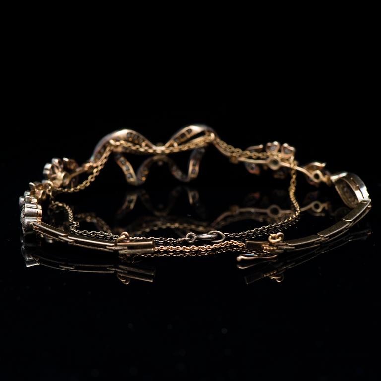 ARMBAND, gammal-, rosen- och åttkantsslipade diamanter, 14K guld, silver.