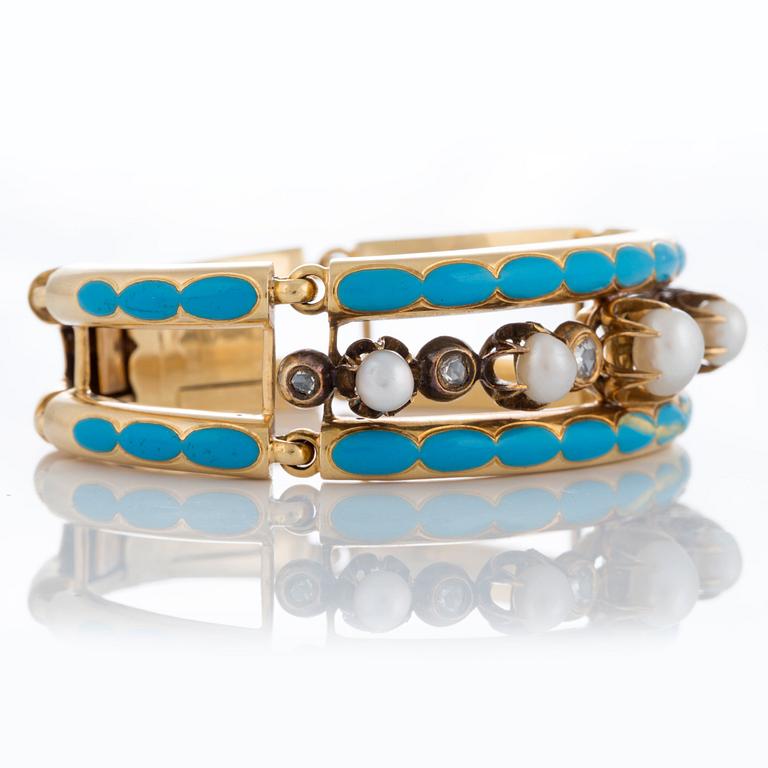 Labitte Frères armband 18K guld med emaljdekor samt rosenslipade diamanter och pärlor.