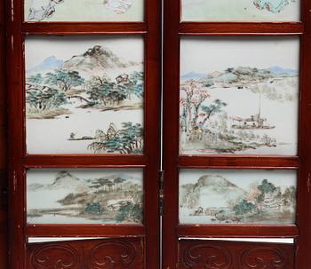 A Chinese folding screen with 48 porcelain tiles, late Qing dynasty, signed Ren Huanzhang, and dated 1881.