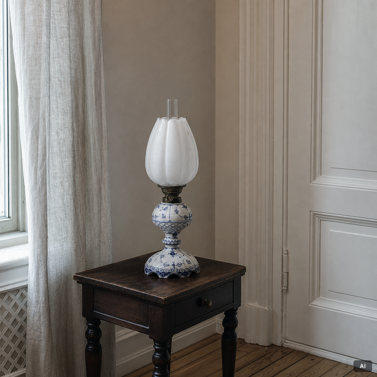 Royal Copenhagen, fotogenlampa, "Musselmalet", Danmark, 1870-90.