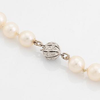 Cultured pearl necklace, clasp 18K white gold with eight cut diamonds.