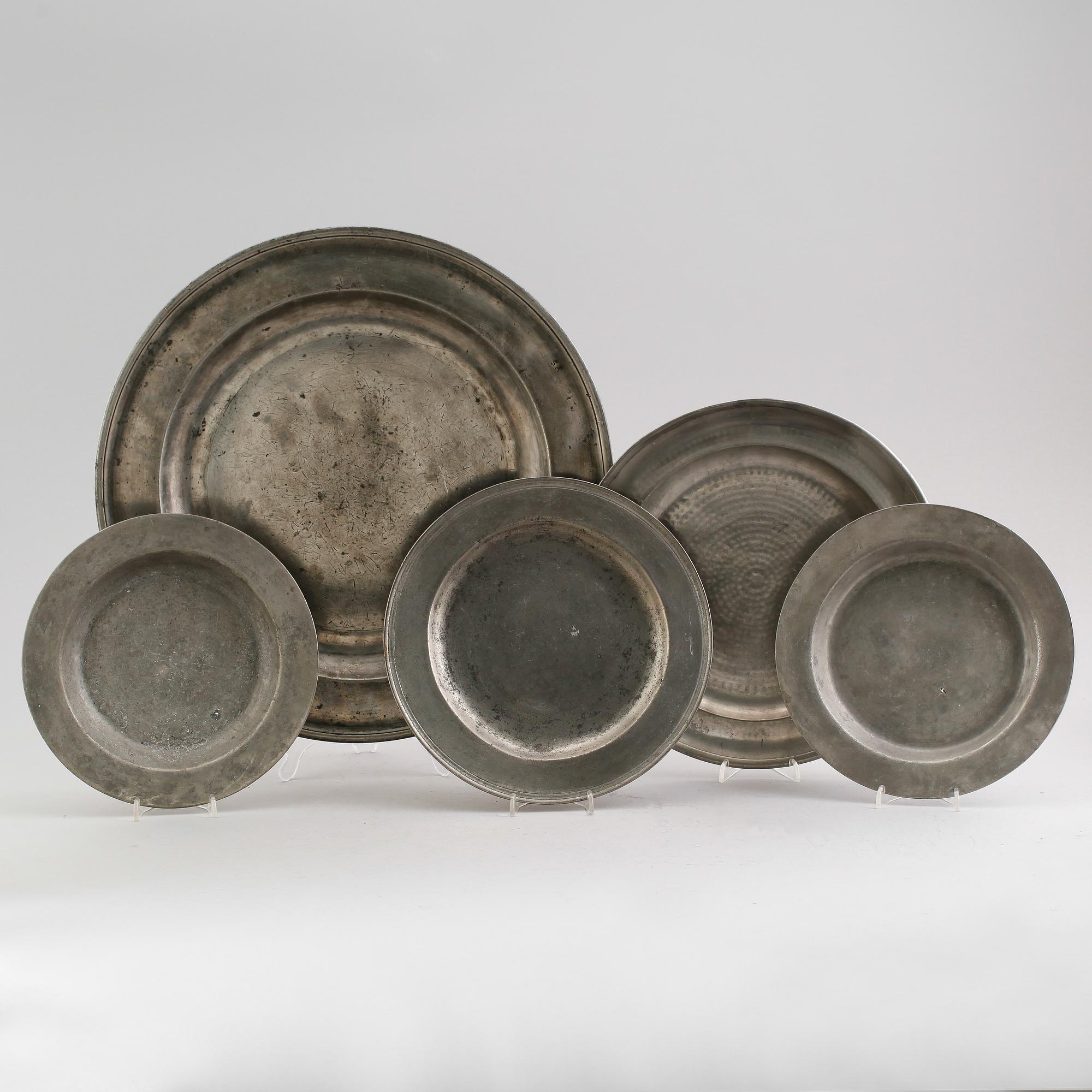 FAT, 5 st, tenn, otydliga stämplar, 1700-/1800-tal.