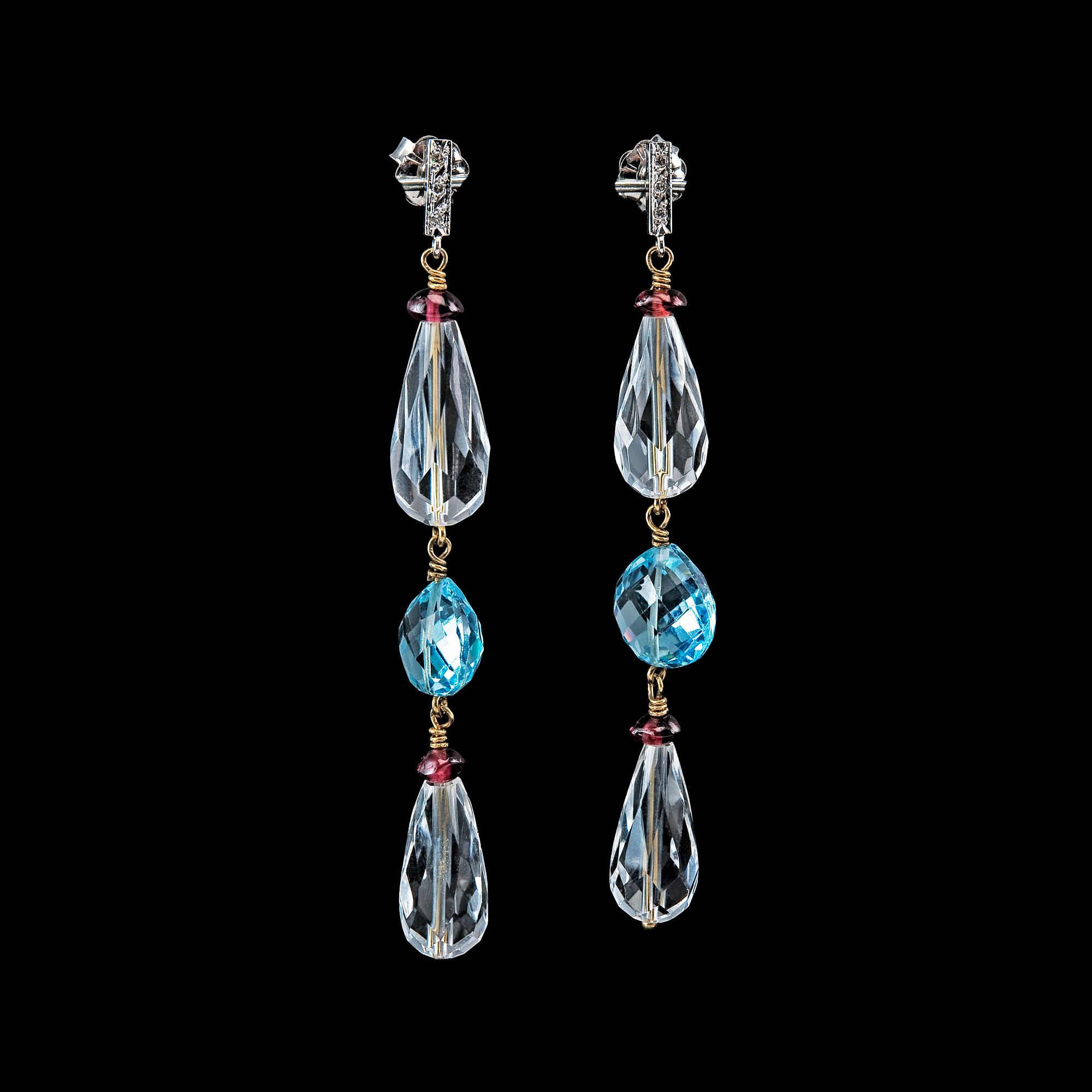A PAIR OF EARRINGS, 8/8 cut diamonds, briolette cut rock crystal and topazes, garnets.