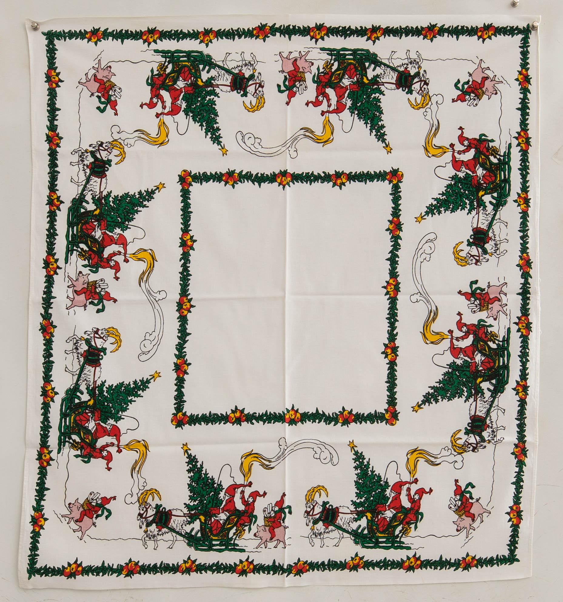 A collection of smaller Christmas tablecloths, runners, and wall hangings, approximately 34 pieces, mid/second half of the 20th century.
