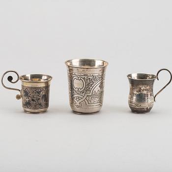 A set of nine different Russian silver vodka beakers 19th century, weight ca 327 gr.