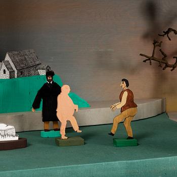 Richard Johansson, object/installation in a wooden cupboard, drawing, painting and mixed media, signed.