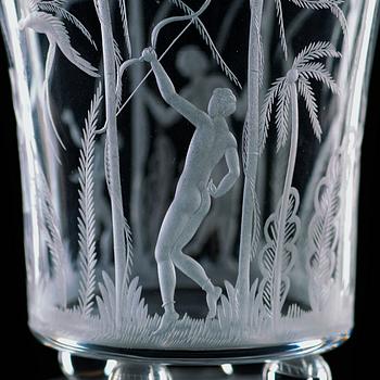 Edward Hald, an engraved glass goblet with cover, Orrefors 1922.