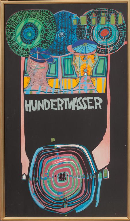 FRIEDENSREICH HUNDERTWASSER, efter, offsettryck med guldprägling. 1900-tal.