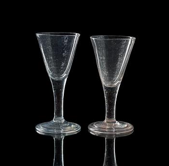 1306. A set of six wine goblets, 18th Century, presumably by Kungsholm's glass manufactory.